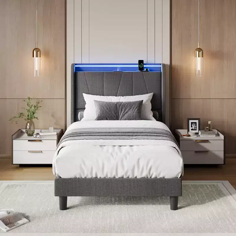 Upholstered Platform Bed Frame with LED Lights & Charging Station