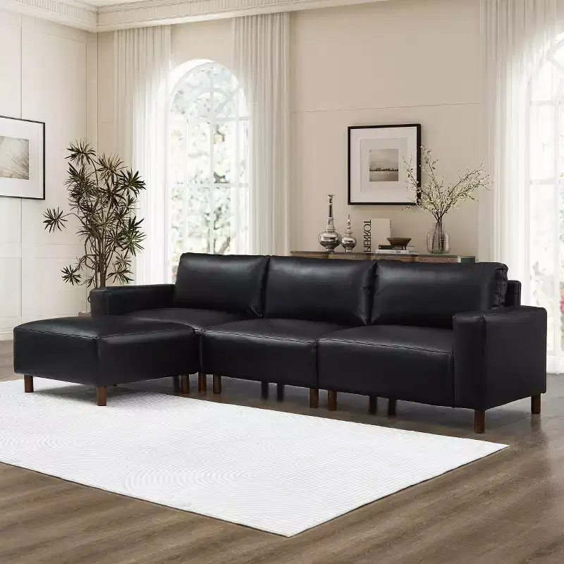 GDFStudio Arvin 112 Modern 3-Seat Faux Leather Upholstered Sectional Sofa with Ottoman