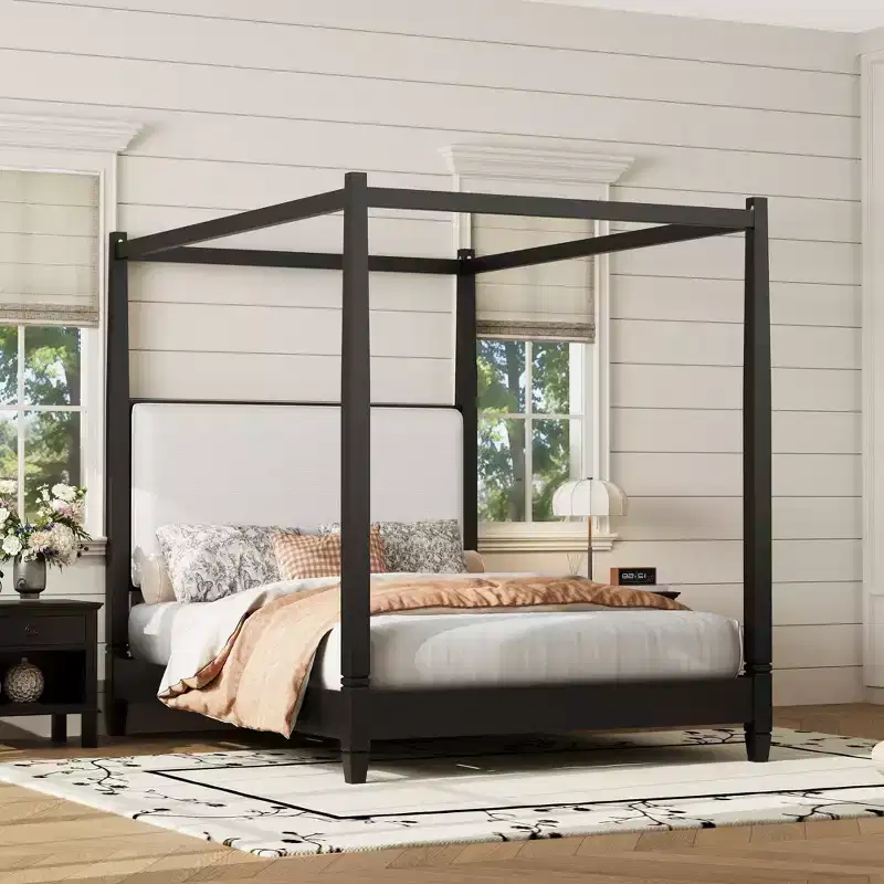 Queen/King Size Canopy Platform Bed with Upholstered Headboard, Solid Wood Four Poster Bed Frame with Wooden Slats Support
