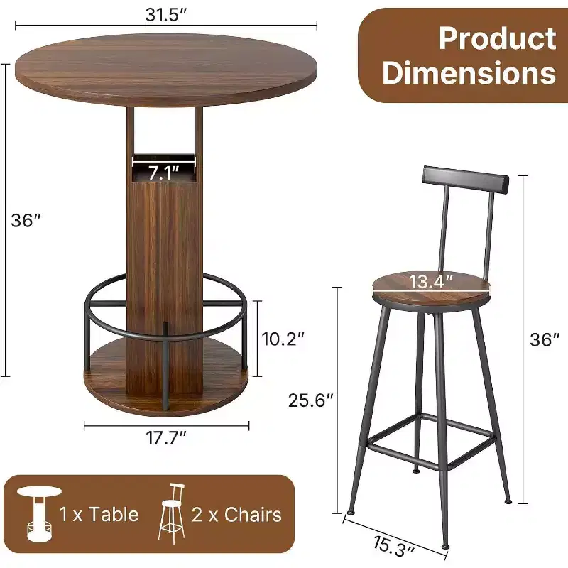 3-Piece 31.5 Round Bar Table and Chairs for 2, Small Pub Dining with 2 Stools, Space Saving, Walnut