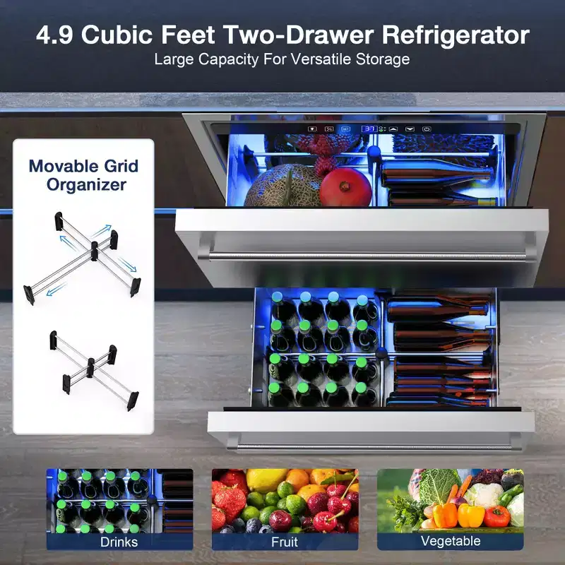 Denjol Stainless Steel Outdoor Double Drawer Fridge - 23.4 in. 4.9 cu.ft. Weatherproof Beverage Cooler