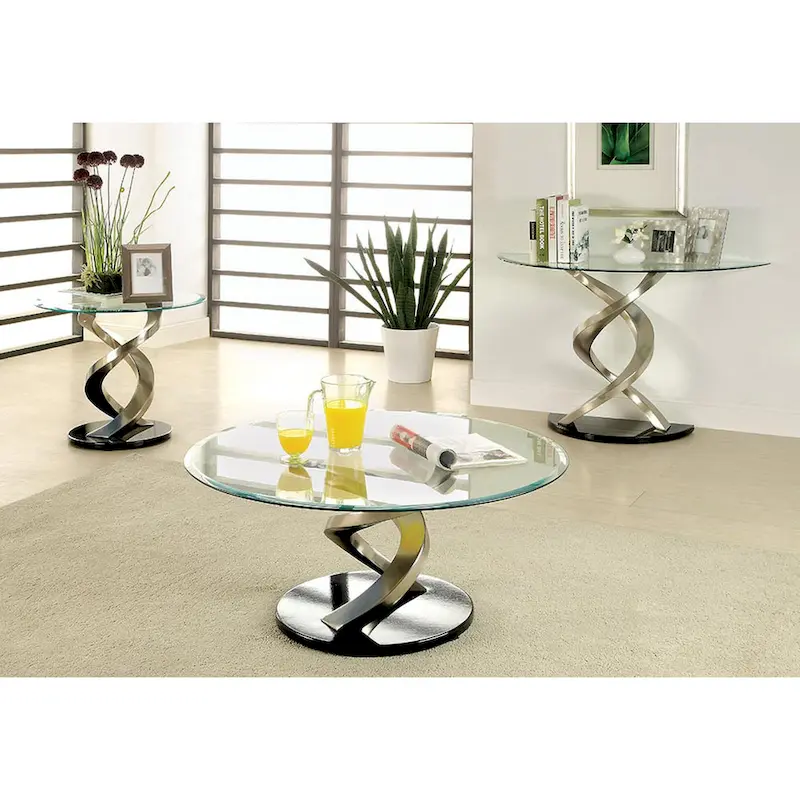 Contemporary Silver Half-Moon Sofa Table | 8mm Tempered Black Glass Top | Double Helix Metal Base | 45