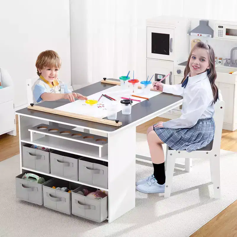 GustoWave 4 In 1 Kids Art Table and Chair Set,Toddler Craft Large Storage Desk with Portable Art Supply Organizer,Kids Activity and Study Table