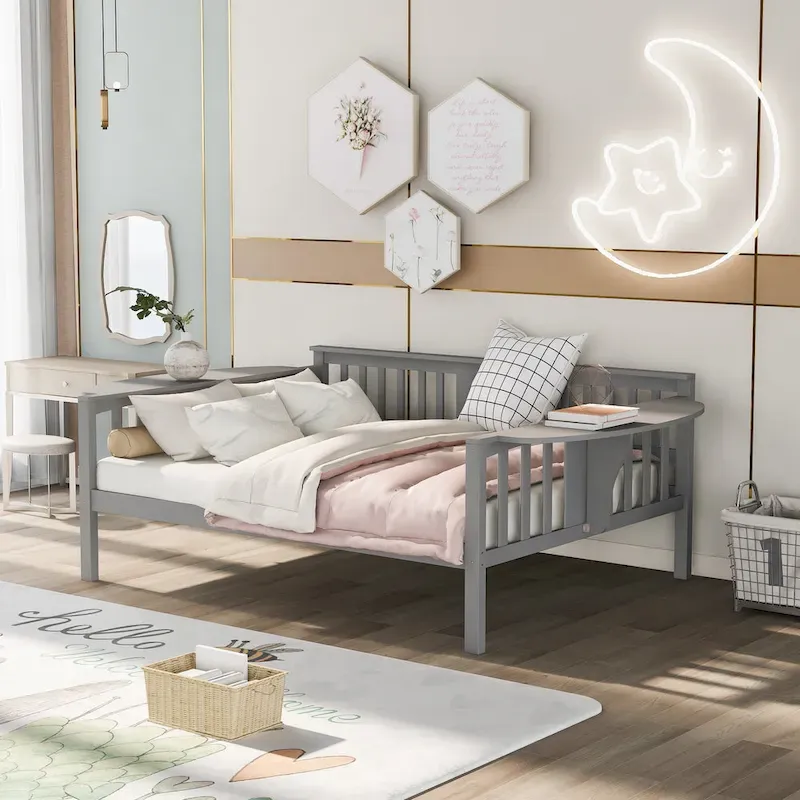 Grey Full Size Wooden Daybed with Storage Rack Handrail - No Box Spring Needed