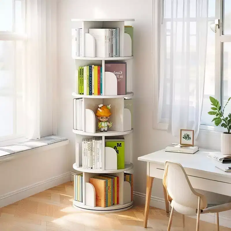 6-Tier 360 Rotating Bookshelf with Wheels & Drawer, Space-Saving Bookcase for Bedroom & Home Office