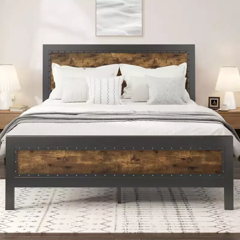 Heavy-Duty Platform Metal Bed Frame with Headboard, Rustic Strip and Rivet Decoration