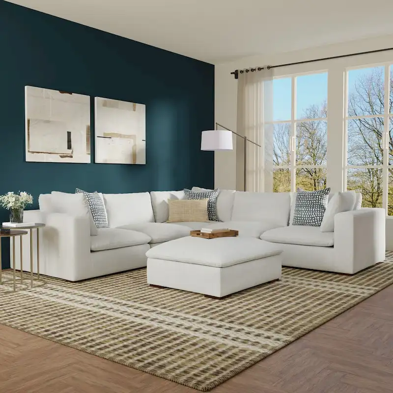WyndenHall Marlee Corner Sectional Modular Sofa and Ottoman Set in Velvety Chenille Performance Fabric