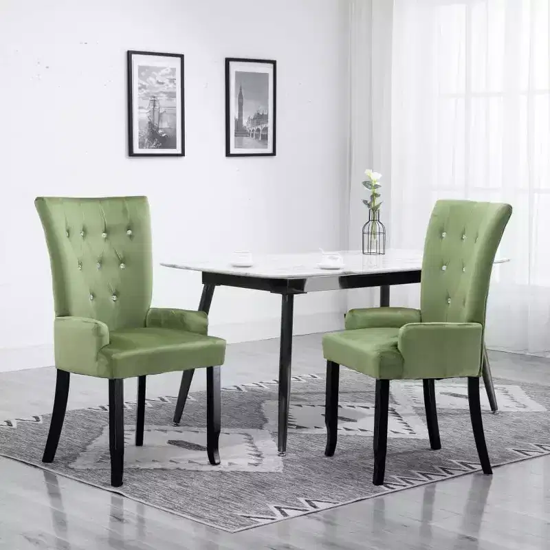 Light Green Velvet Tufted Dining Chair with Arms, Solid Wood Legs, Seats 1
