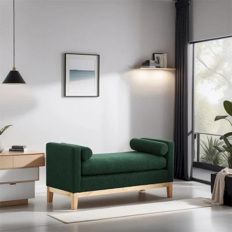 Elegant Upholstered Bench,Ottoman with Wood Legs & Bolster Pillows
