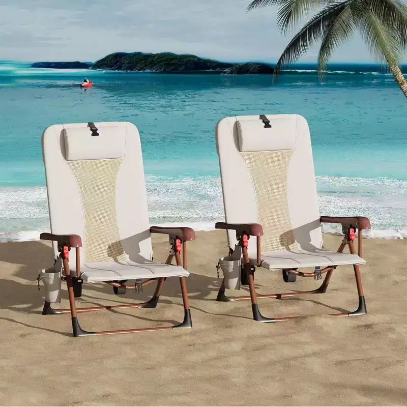 Portable Backpack Beach Chair – Folding Lounge with Cup Holder & Storage Pouches, 330 lb Capacity