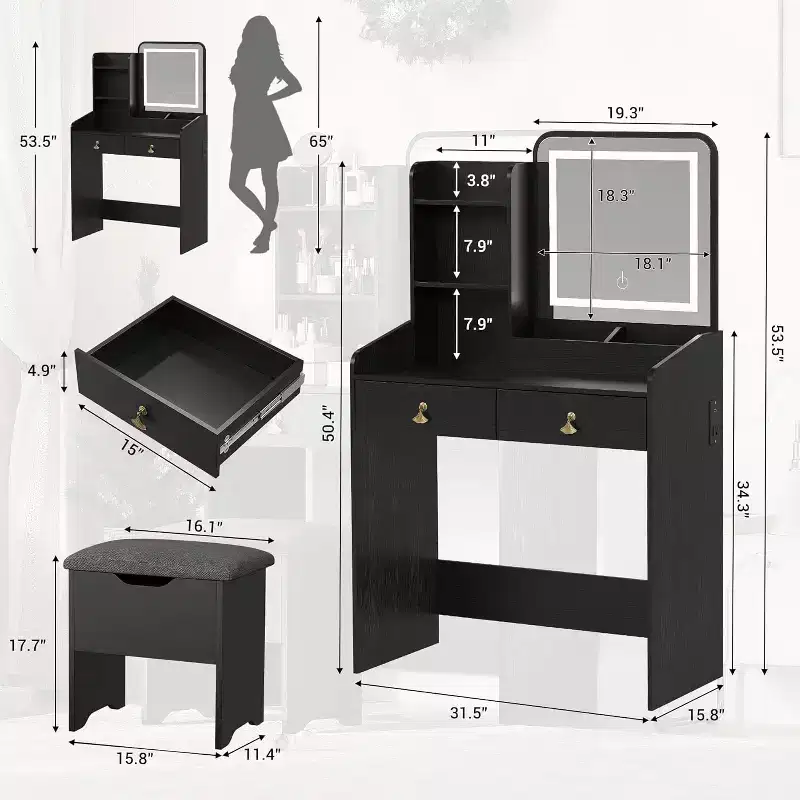 Makeup Vanity Set with Mirror, Small Makeup Desk with Upholstered Storage Stool, Dressing Table with 2 Large Drawers and 3-Tier Open Shelves for Home