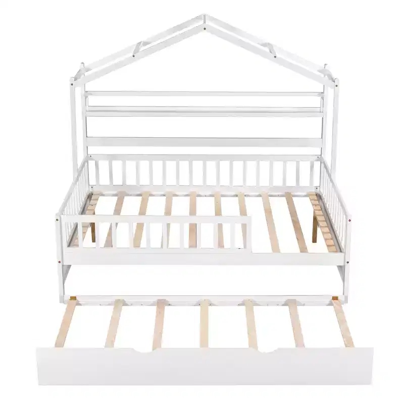 Luxystar Wood House Bed Frame with Trundle and Shelves, White