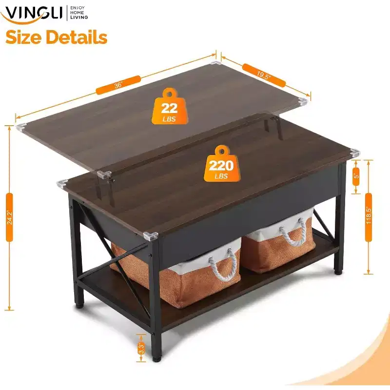 36 Lift Top Coffee Table with Cloth Storage Bins, Rustic Farmhouse Coffee Tables for Living Room, Espresso