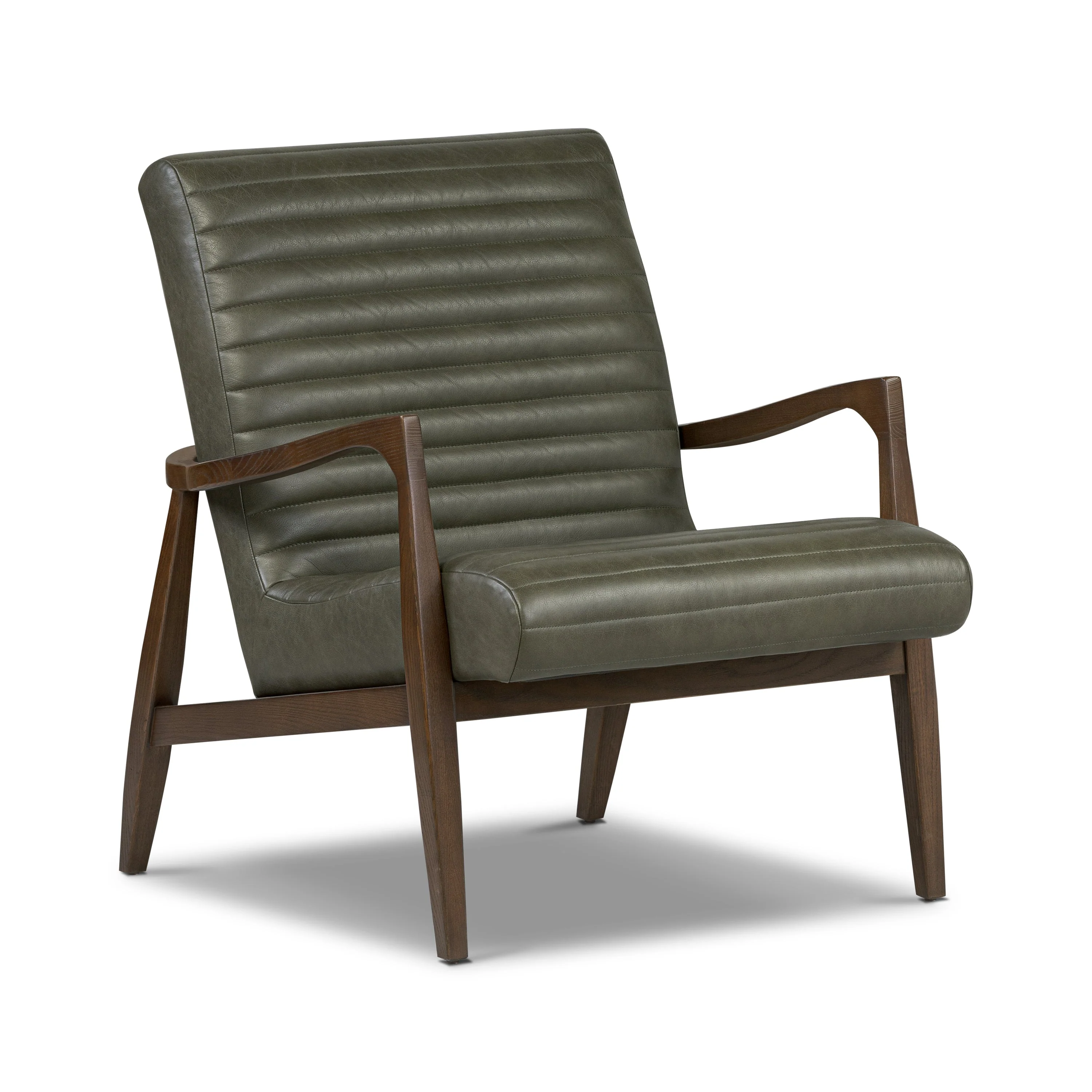Mid-Century Modern Olivine Green Leather Lounge Chair with Kiln-Dried