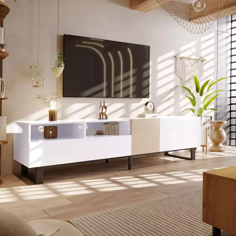 TV Stand for TVs up to 80 Inches, Modern TV Media Console Table with Drop Down Door, Storage Compartments and 2 Drawers