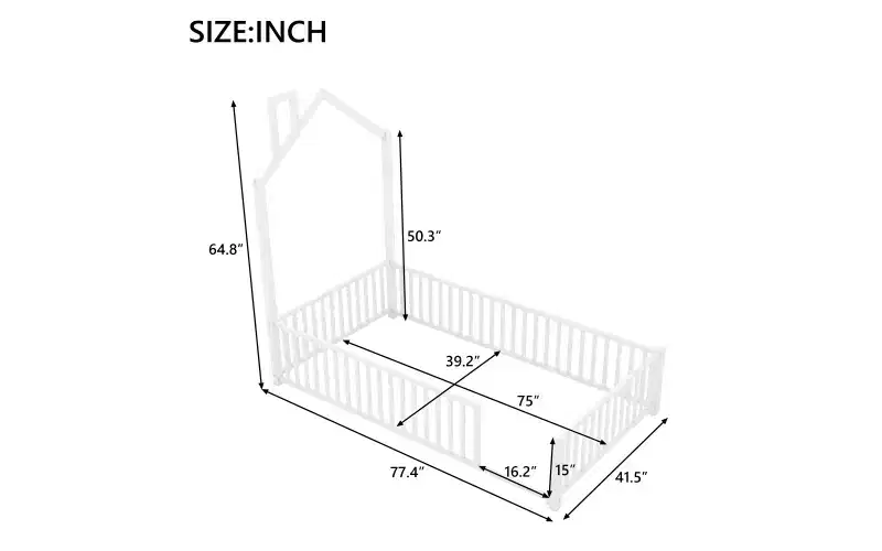 Bellemave Twin Size Metal House Platform Bed with Guardrail and Chimney, White