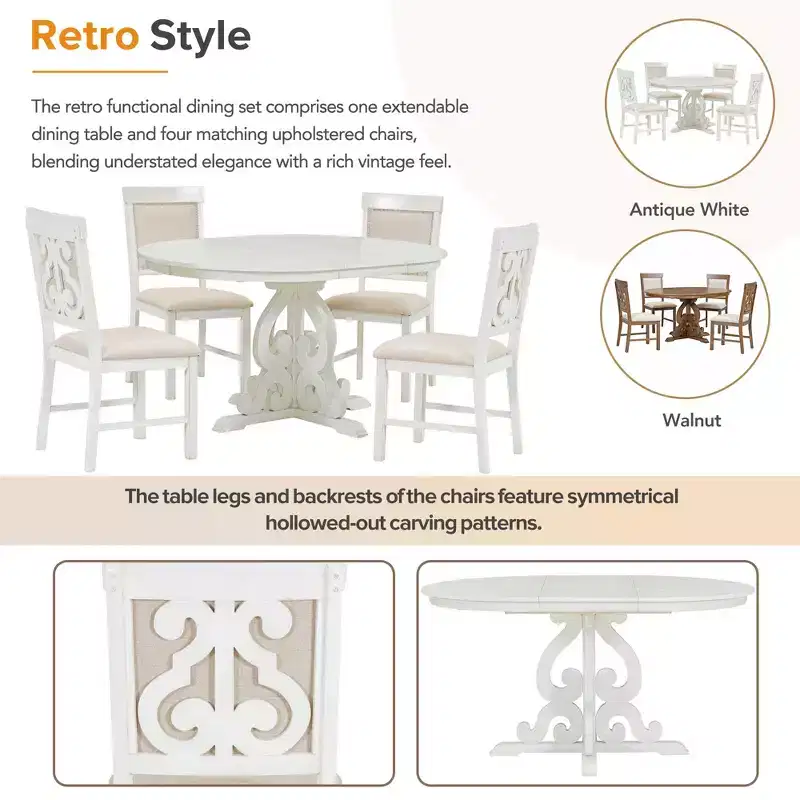 5 Piece Retro Dining Set with Extendable Table and 4 Upholstered Chairs, 16 Inch Leaf, Ideal for Kitchen and Dining Room
