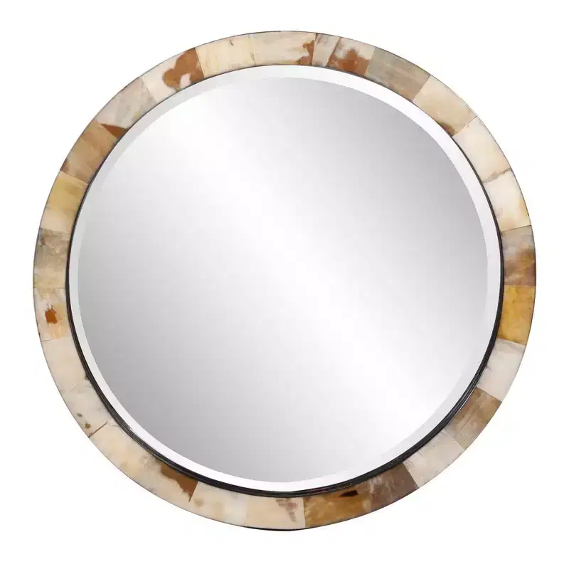 Howard Elliott 24" Godfrey Round Beveled Wall Mirror White and Tan Tiled Horn Frame