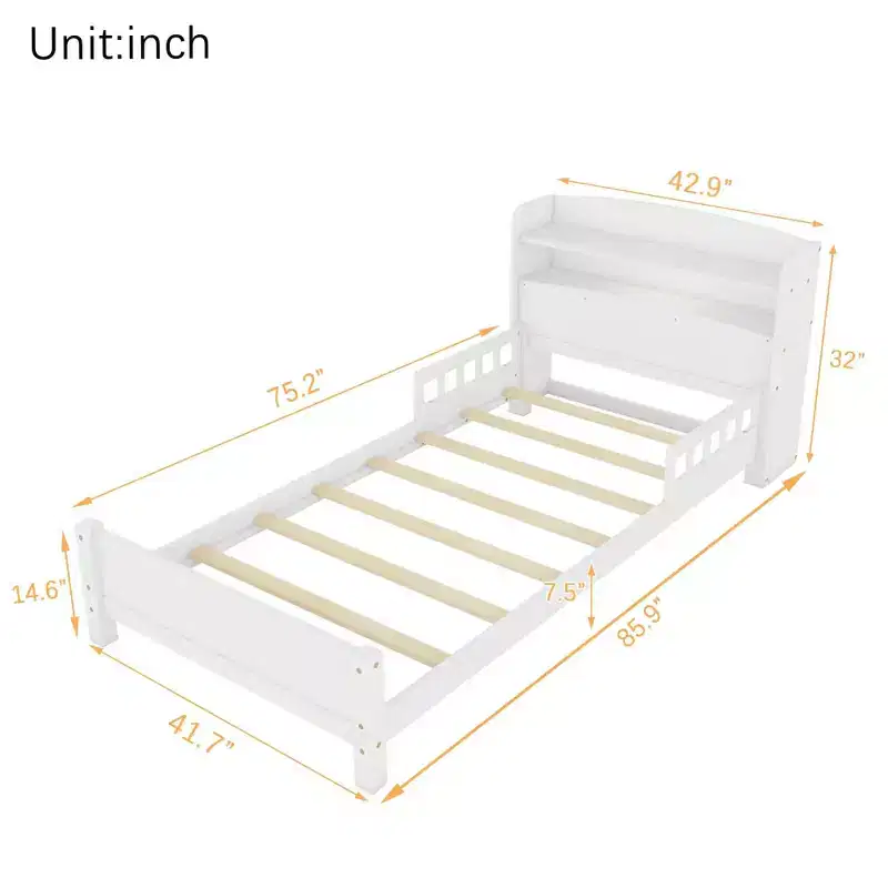 Twin Wood Bed with Bookcase Headboard, LED Motion Sensor Light and Adjustable Guardrails
