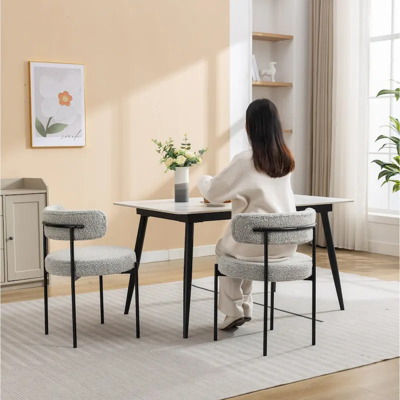 Modern Round Boucle Dining Chairs, Set Of 2