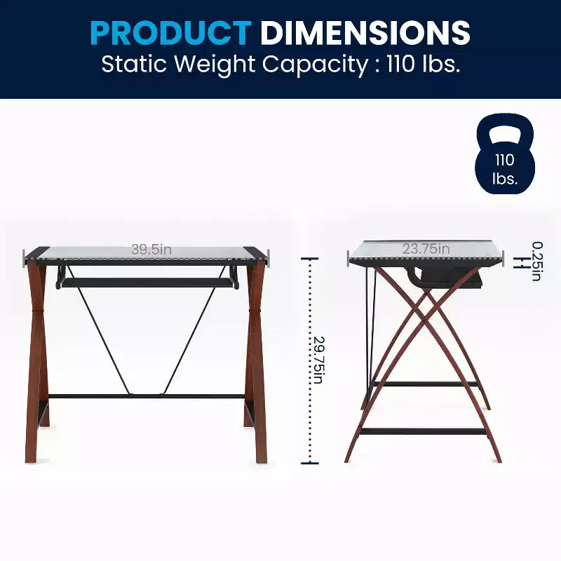 Emma and Oliver Glass Computer Desk-Pull-Out Keyboard Tray & Crisscross Frame