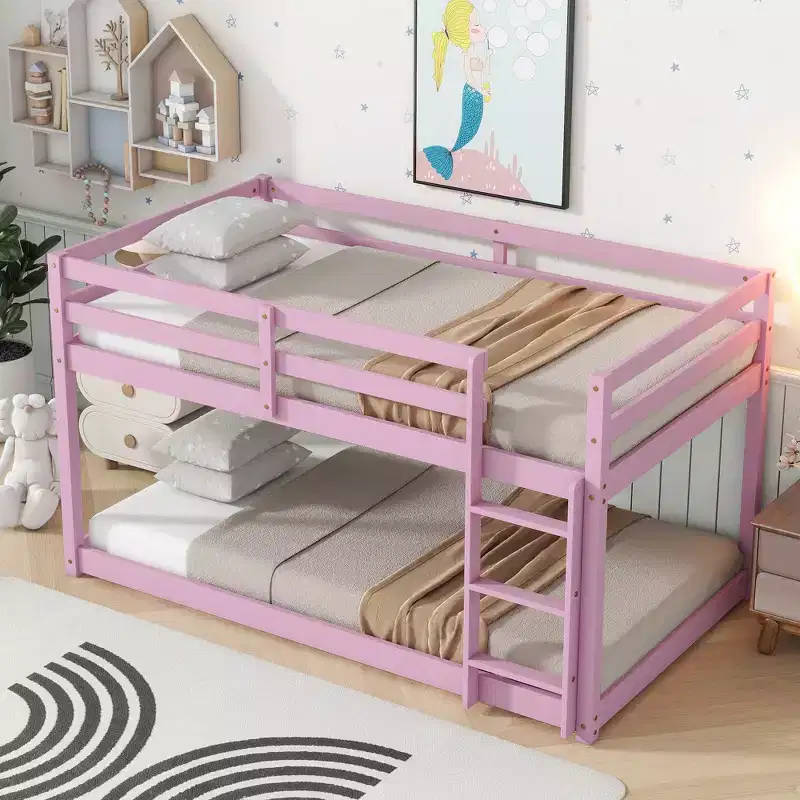 Twin Floor Bunk Bed with Ladder – Solid Wood, Pink