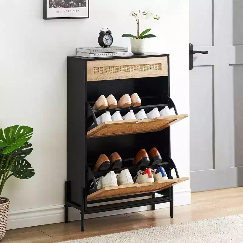 Flip Drawer Shoe Storage Cabinet with Rattan Front and Metal Legs
