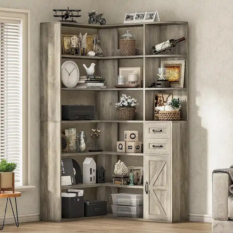 7-Shelf Corner Bookshelf L-Shape Bookcase Large Storage Shelf Display