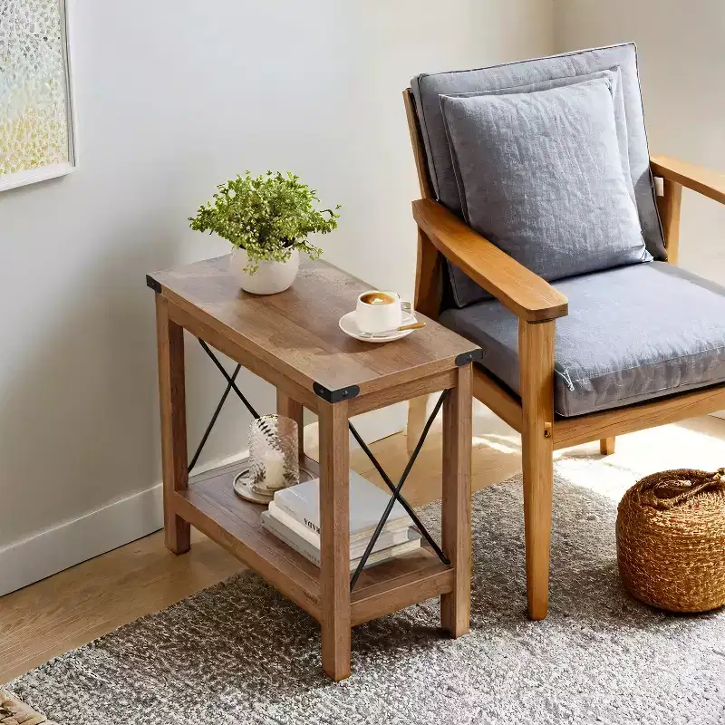 Farmhouse Style 2-Tier Side Table with Bottom Shelf, Compact End Table for Living Room & Bedroom, Nightstand for Small Spaces, Honey Brown
