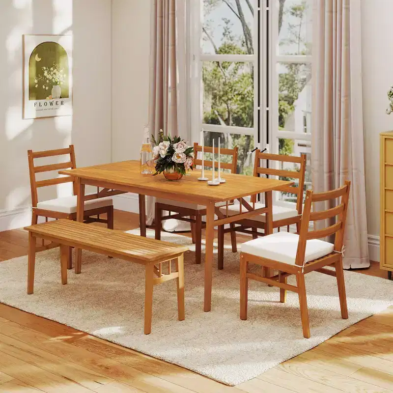 Gymax 6PCS Patio Acacia Wood Dining Set w/Bench 1.97 Umbrella Hole Cushions for Yard