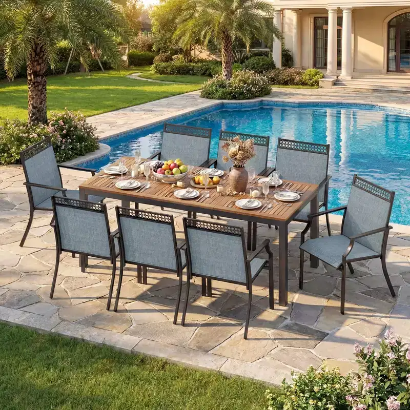 Gymax 9PCS Patio Dining Set for 8 w/Quick-Drying Fabric Sturdy Acacia Wood for Garden