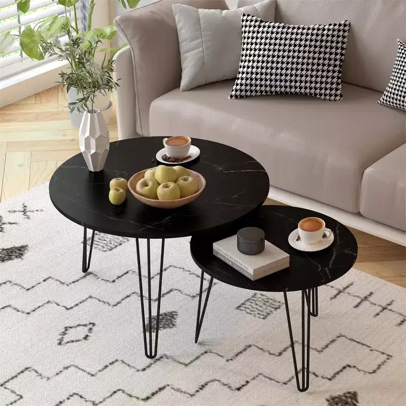 Modern Round Nested Side 2 Table Set, featuring a round marble-textured tabletop and a sturdy metal baseSuitable for living rooms and bedrooms