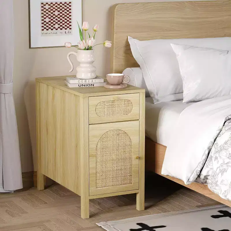 VINGLI Side Table with Charging Station, Rattan Night Stand with Drawers, Narrow End Table with Cabinet for Living Room, Bedroom, Oak