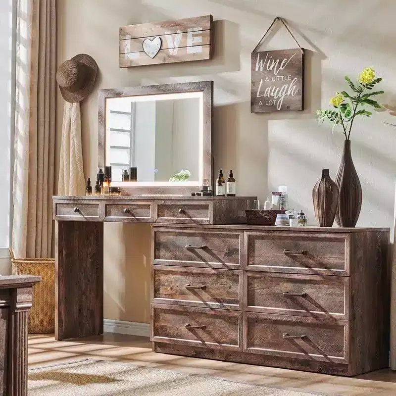 Mastgoal 69 W Big Vanity Desk with Glass Top, Farmhouse Makeup Table with 9 Large Storage Drawers, 3 Color Available Light & 30 HD Led Mirror