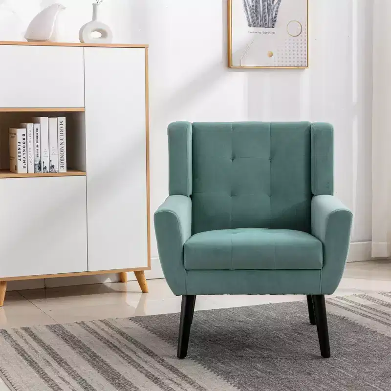 Etokfoks Velvet Upholstered Accent Chair 29.5in W x 29.5in D x 34.6in H Curved Back Black Wood Legs Modern Living Room Bedroom