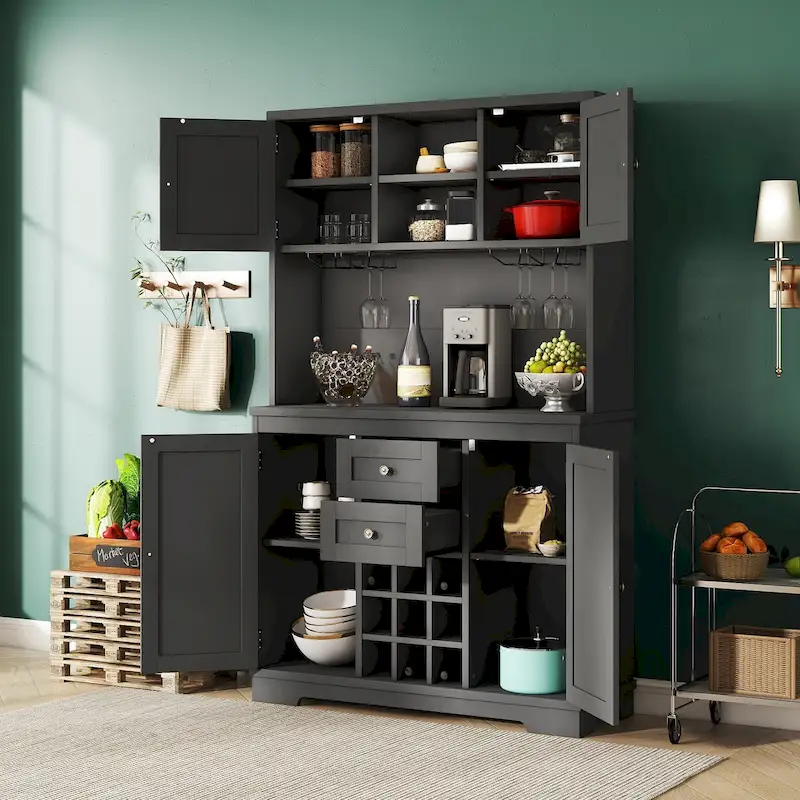 Coffee Bar Cabinet with Drawers, Freestanding Kitchen Pantry with Shelves and Cabinets, Buffet Cabinet with Glass Racks