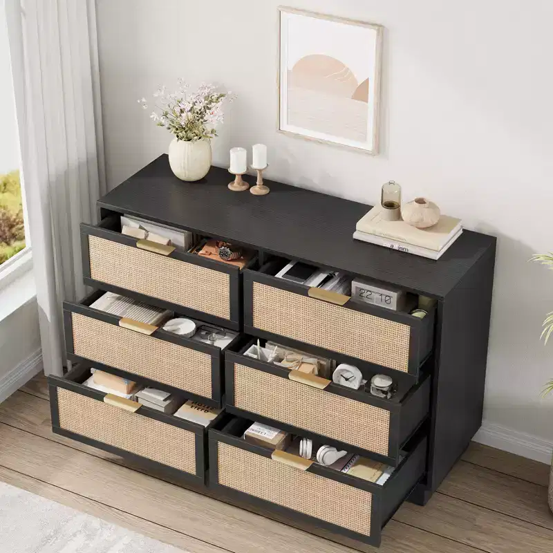 6-Drawer Rattan Dresser with Metal Handles – 47