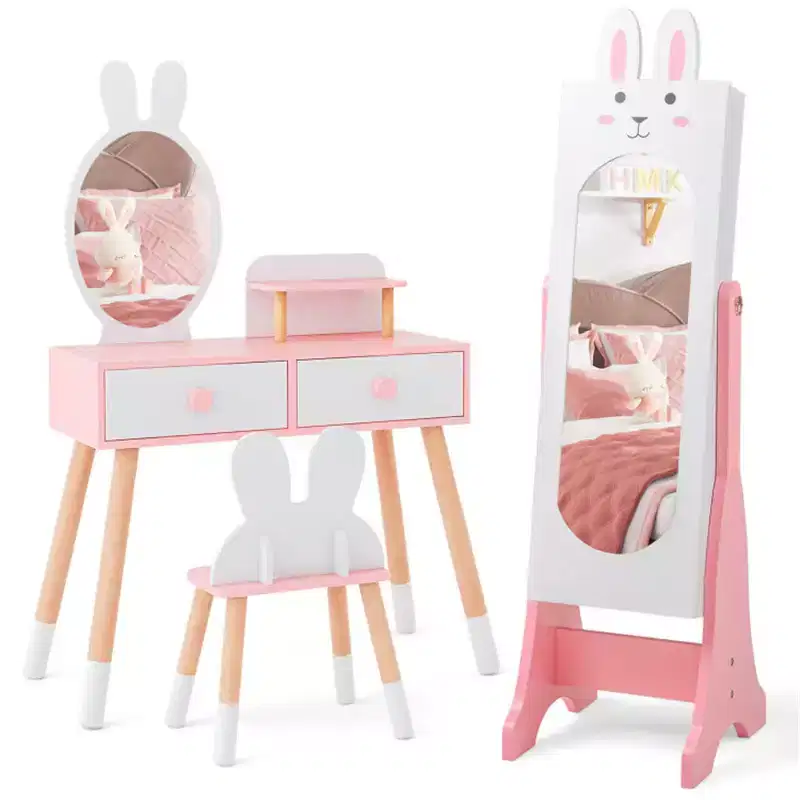 Kids White Vanity Set Princess Makeup Dressing Table And Chair Set With Jewelry Armoire