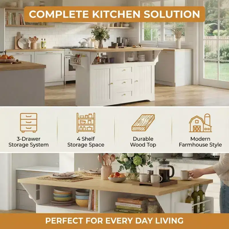 Rolling Kitchen Island with Power Outlet, Spice Rack & 2 Drop Leaf