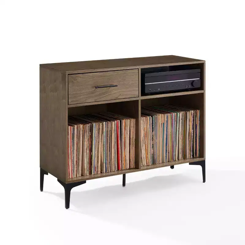 Crosley 40" Sydney Record Storage Media Console Walnut: Vinyl Holder, Media Cabinet with Open Shelves