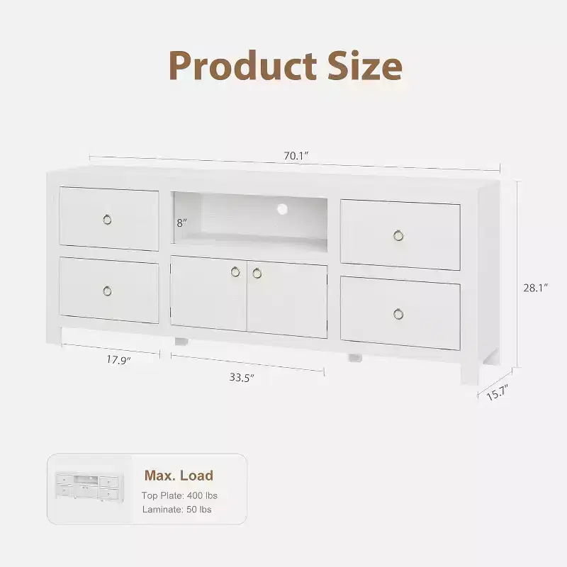 Farmhouse TV Stand for 75/80 Inch TVs with 6 Storage Drawers, Entertainment Center with Soundbar Shelf, White Television Consoles Stands