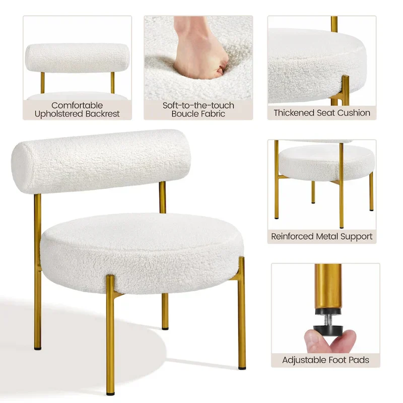 Yaheetech Boucle Gold Metal Legs Accent Chair With Round Padded Seat, White - 252326
