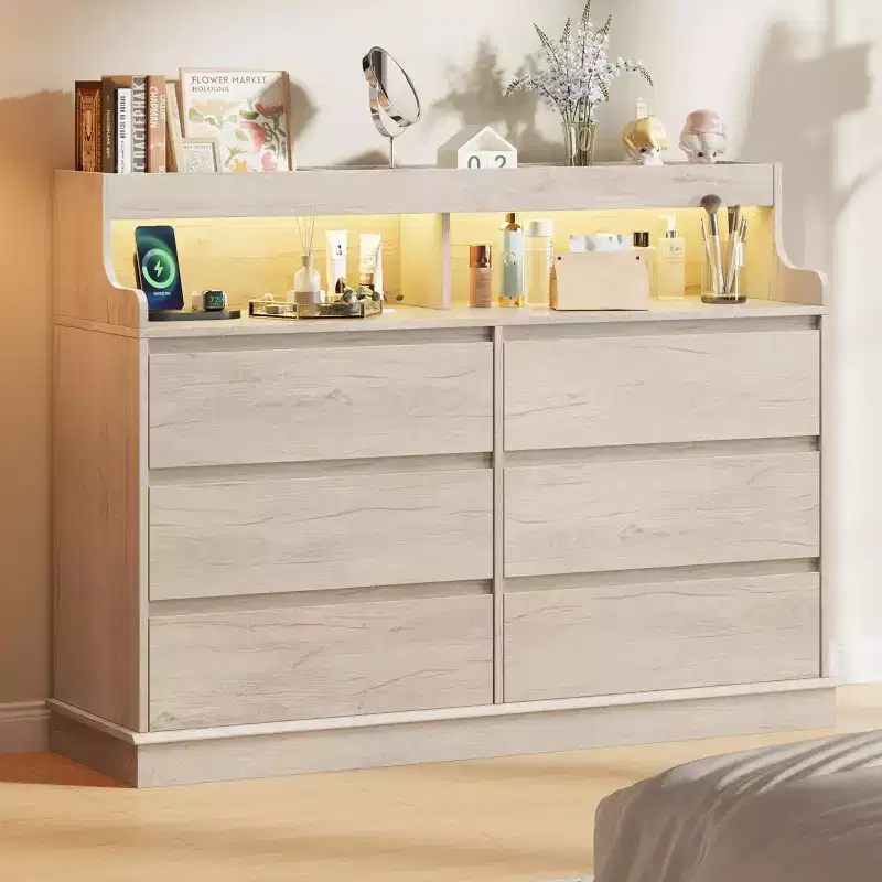 Dresser for Bedroom, 6 Drawer Dresser, Wide Chest of 6 Drawers, Modern Large Capacity Storage Cabinet