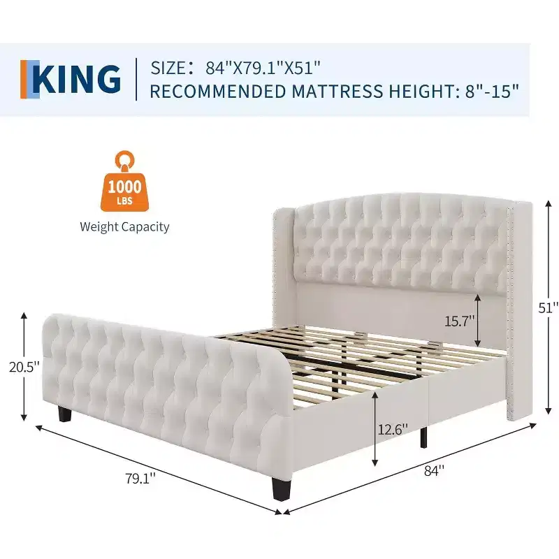 51 Tall Bed Frame with Deep Button Tufted Wingback Headboard and Footboard, Velvet Upholstered Platform Bed Frame, No Box Spring Needed