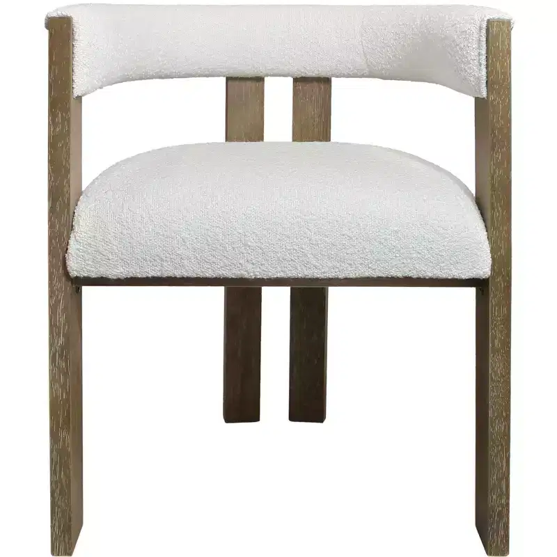 HomeRoots Ivory and Brown Upholstered Boucle Open Back Dining Arm Chair