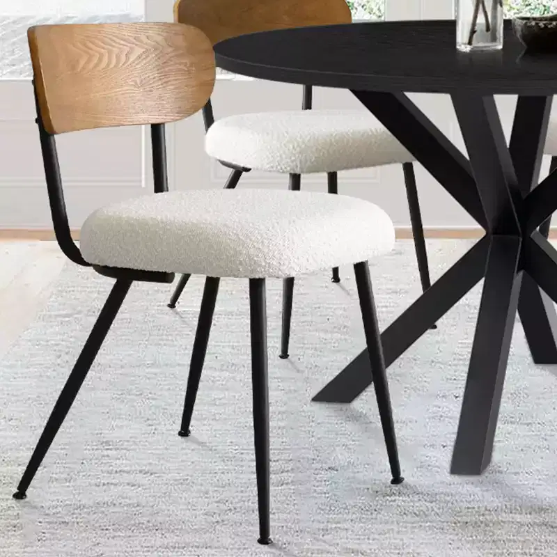 5-Piece Round Dining Table, 40 Black Wood Table and Upholstered Boucle Chairs with Ash Backs for Dining Room