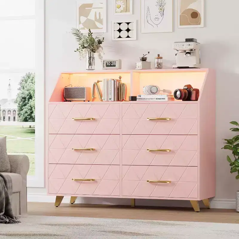 6-Drawer Dresser with Power Station, Geometric Front & Gold Legs – Modern Storage Cabinet for Bedroom