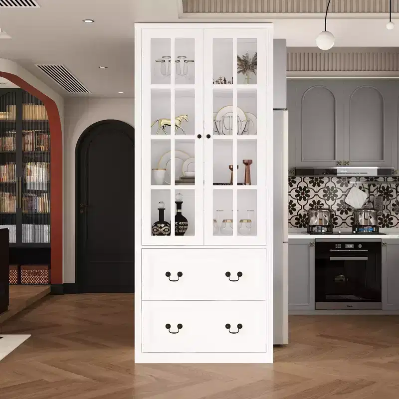 31.5'' W Glass Door Bookcase Display Cabinet with Drawers