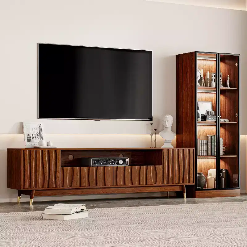 ATJafurn TV Stand, Glass Display Cabinet and Coffee Table Set, Mid-century Living Room Three-piece Set Entertainment Center up to 85 TV, Walnut
