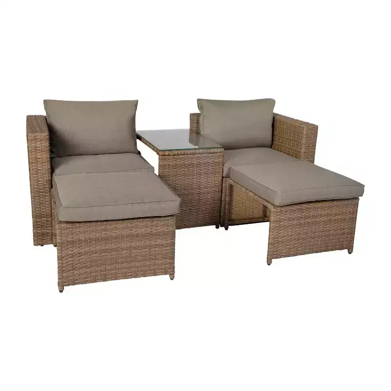 Merrick Lane Woven Rattan Modular Sofa Set for Indoor/Outdoor Use with Loveseat, Ottomans, and Tempered Glass Table